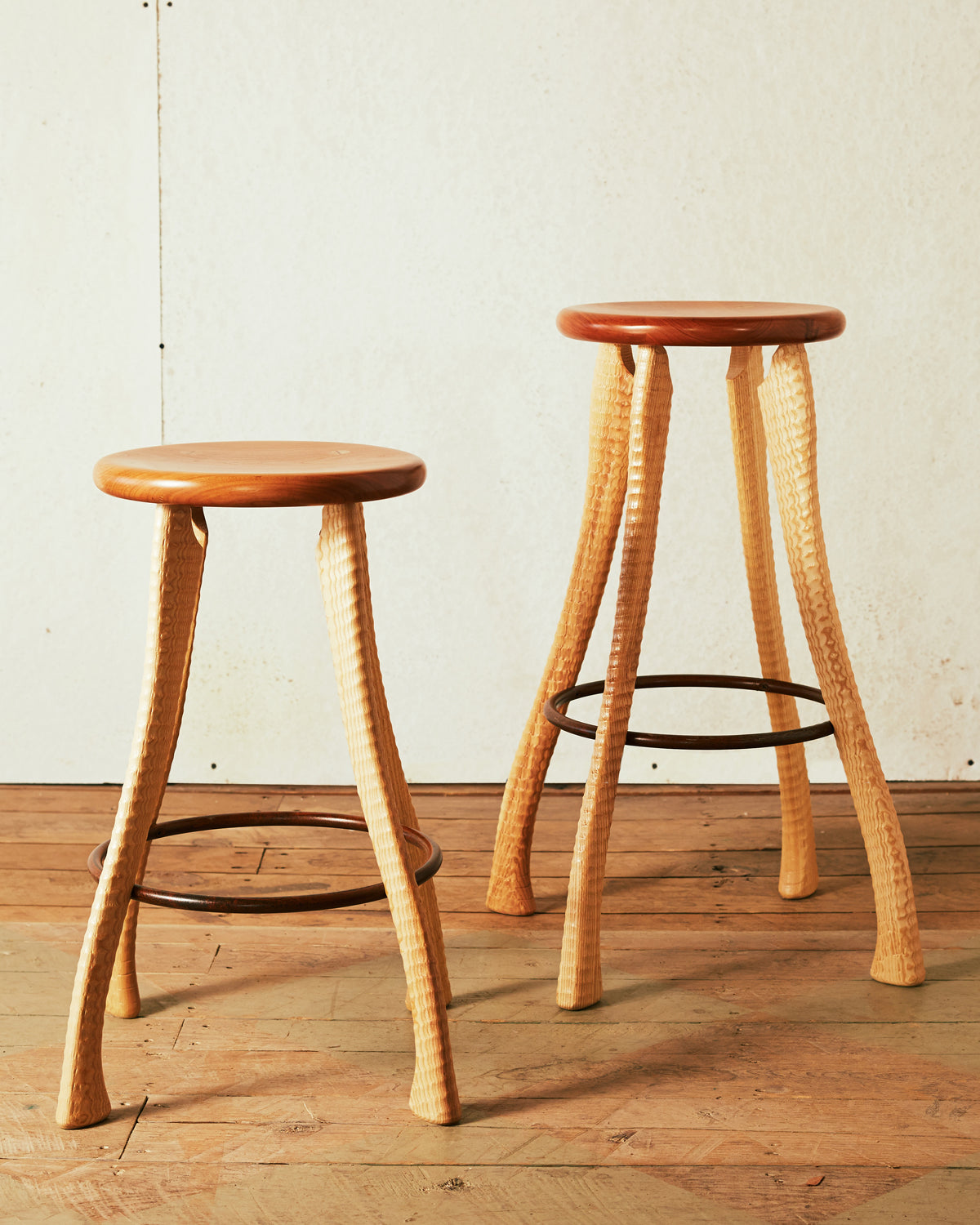 Handmade cherry and ash bar stool and counter stool with ax handle legs and hand-bent iron footrest ring, Bradford Woodworking, Worcester PA