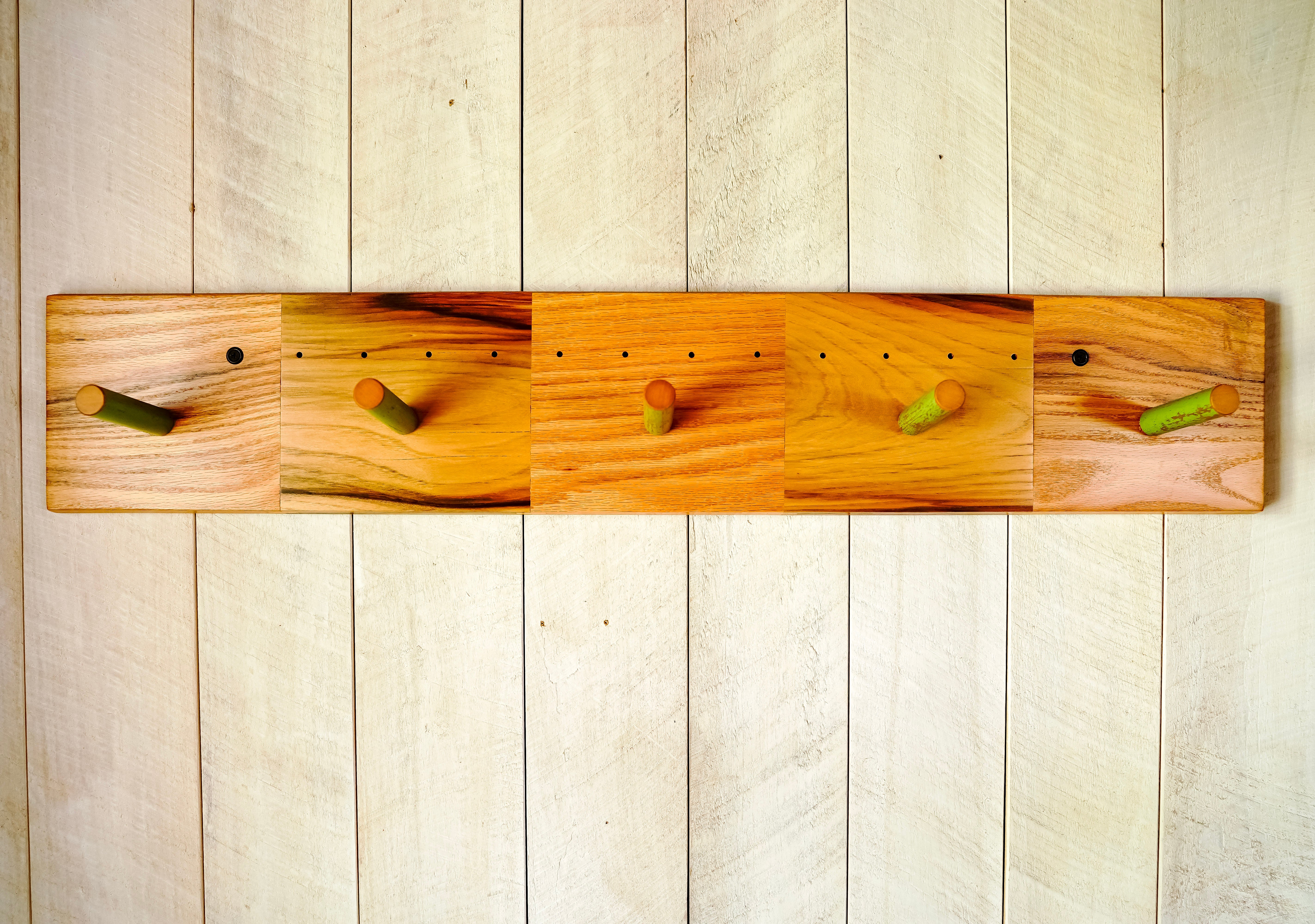 Handmade oak and ash coat rack with five reclaimed broomstick pegs 